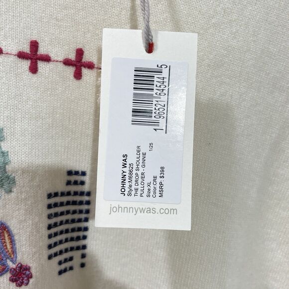 NWT Johnny Was Embroidered Wool Cashmere Sweater XL Cream Floral Boho Pullover - Picture 4 of 9